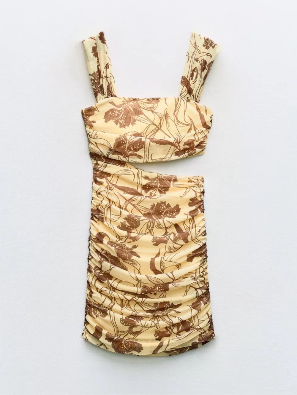 Zara cut out printed tulle Beige & Brown Floral Ruched Bodycon mini dress